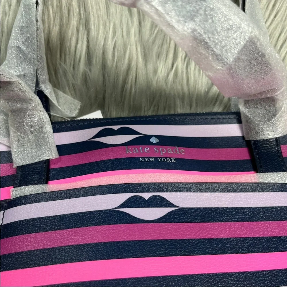 Kate Spade New York Pink Multi Stripe Patrice Lip Print Satchel Purse
